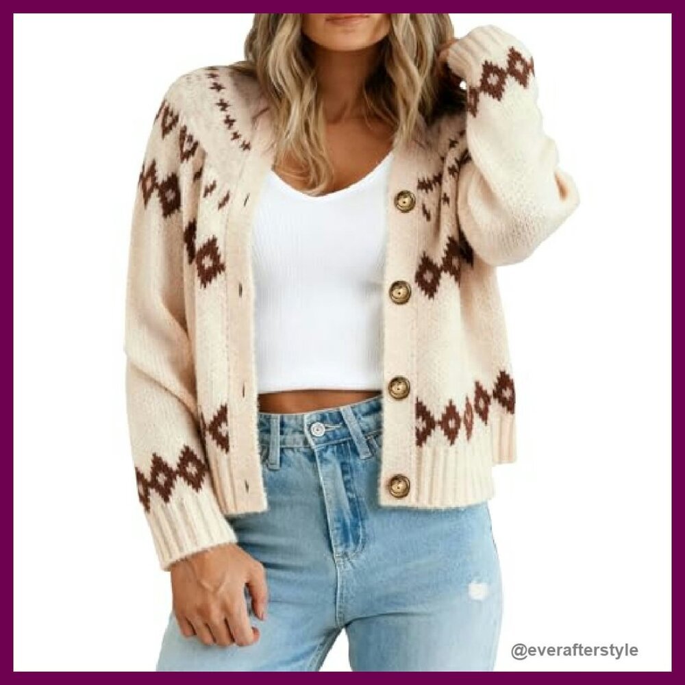 Fair Isle Cropped Cardigan Chunky Knit Y2K Retro Chic Fall Winter Sweater - Picture 6 of 9